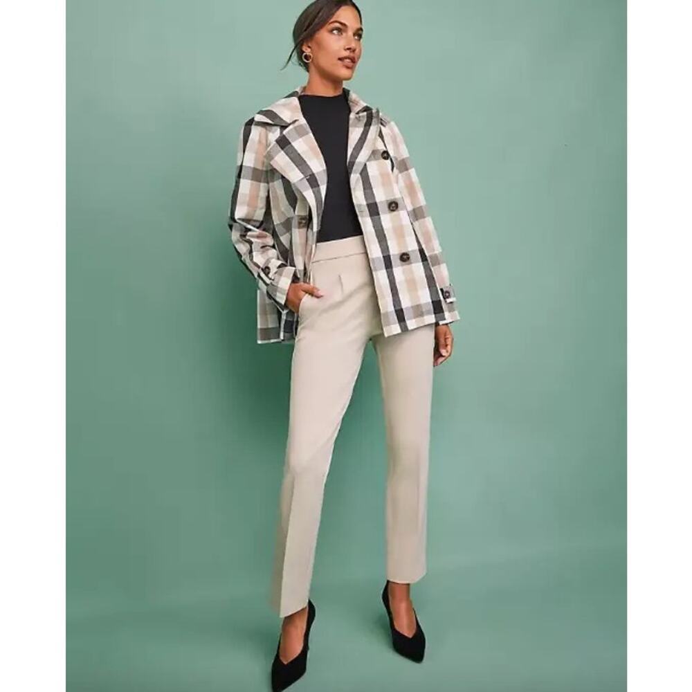 Ann Taylor Medium Weekend Collection tan black cream Plaid Short Trench Coat​ - Picture 4 of 11